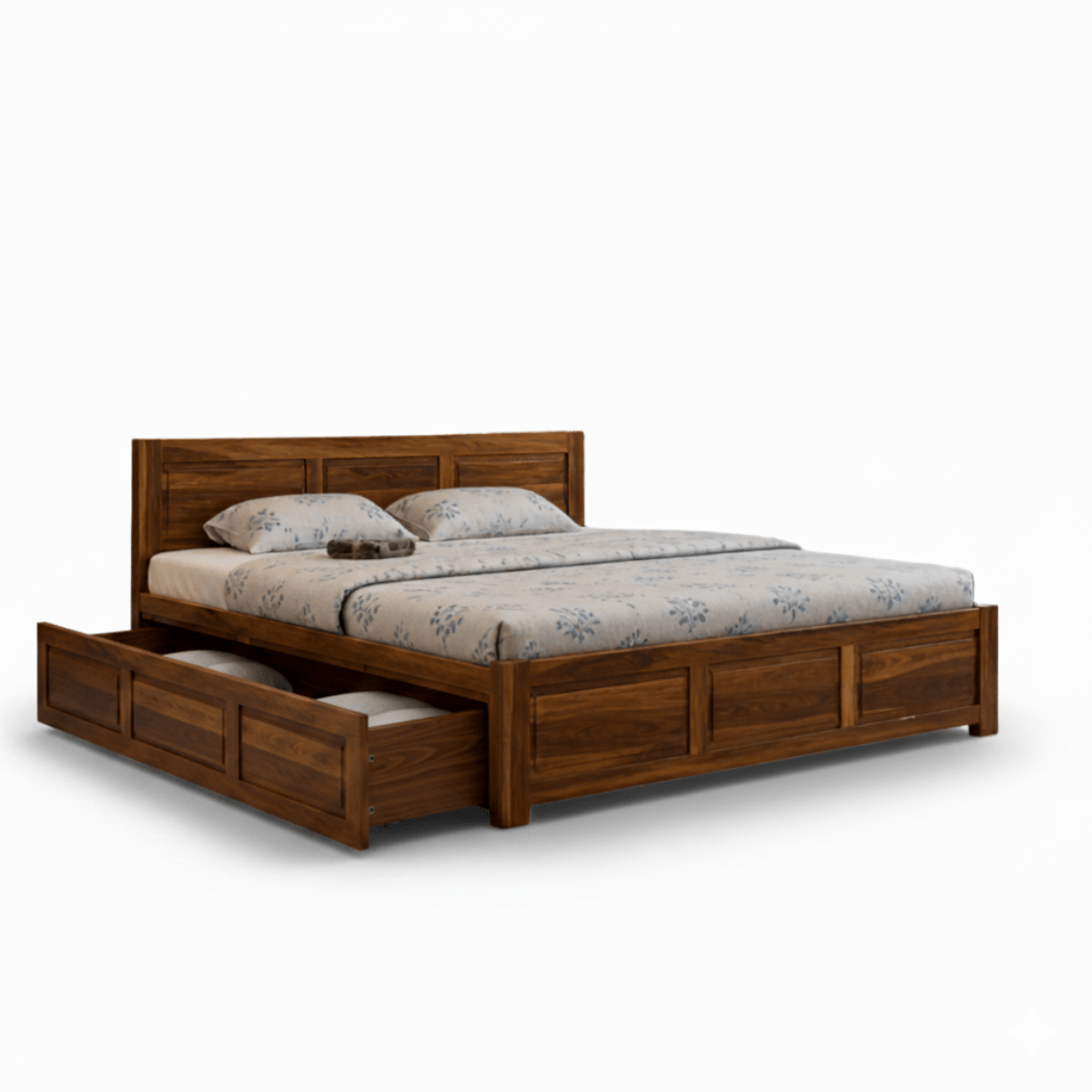 Riti Solid Sheesham Wood Bed With Three Panel Headboard