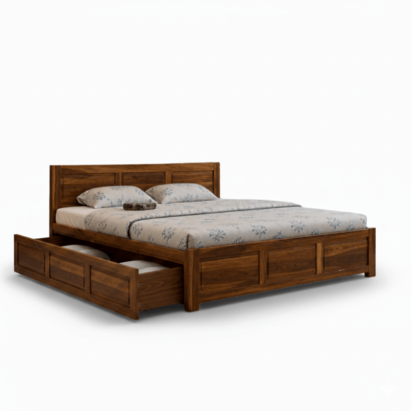 Riti Solid Sheesham Wood Bed With Three Panel Headboard
