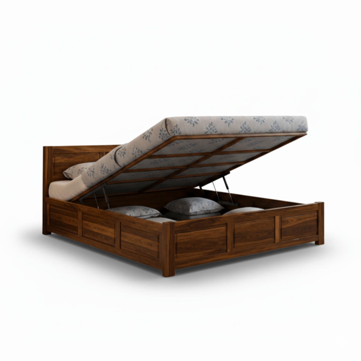Riti Solid Sheesham Wood Bed With Three Panel Headboard