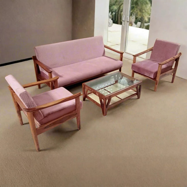 Rose Sheesham Wood Contemporary 3+1+1 Pink Velvet Sofa Set
