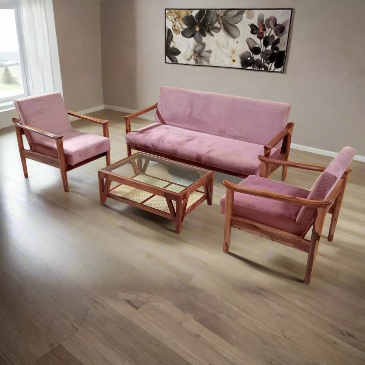Rose Sheesham Wood Contemporary 3+1+1 Pink Velvet Sofa Set