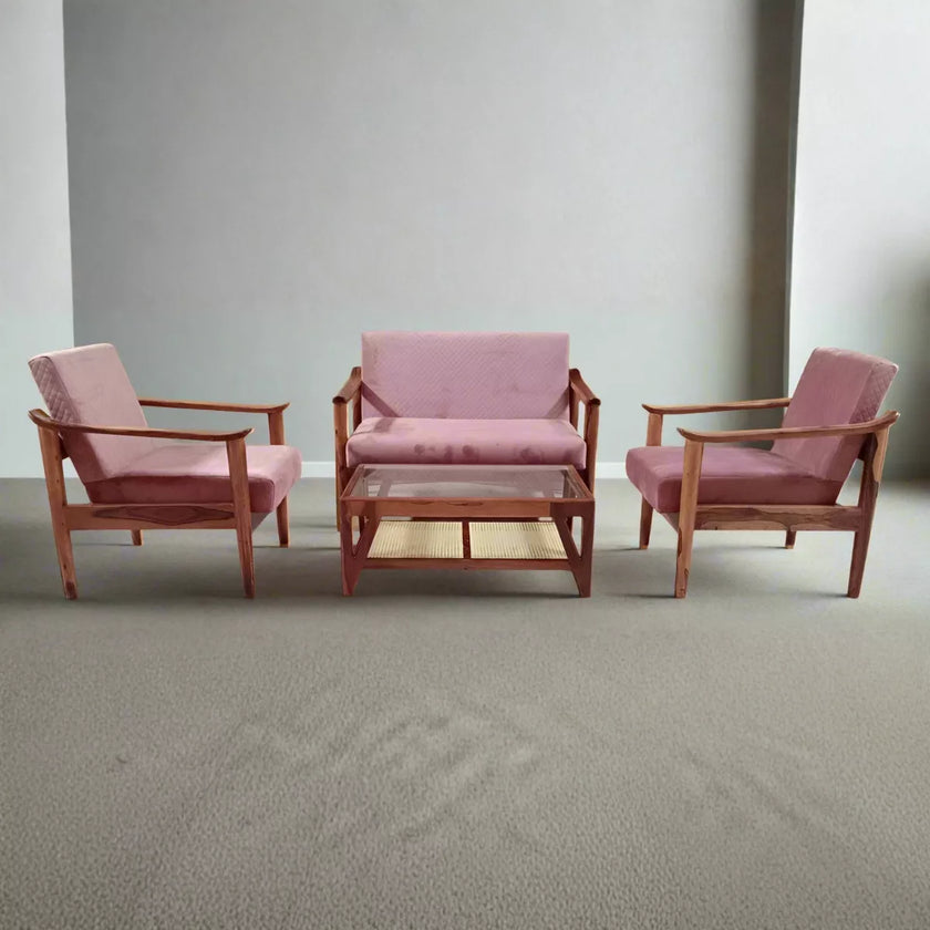 Rose Sheesham Wood Contemporary 3+1+1 Pink Velvet Sofa Set