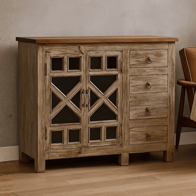 Rustic Teak Wood Compact Glass Door Storage Cabinet with 4 Drawers