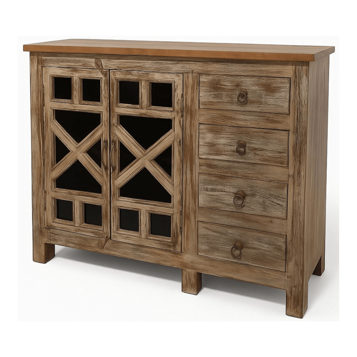 Wooden sideboard with glass doors and drawers on a white background
