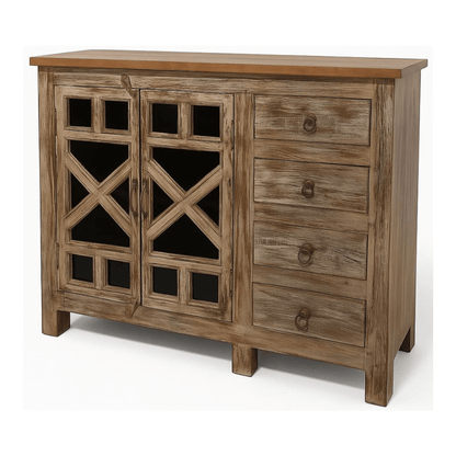 Rustic Teak Wood Compact Glass Door Storage Cabinet with 4 Drawers
