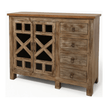 Wooden sideboard with glass doors and drawers on a white background