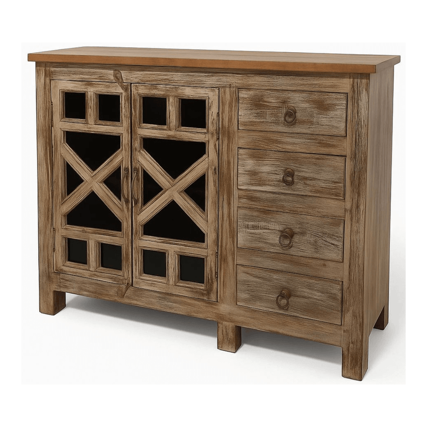Wooden sideboard with glass doors and drawers on a white background