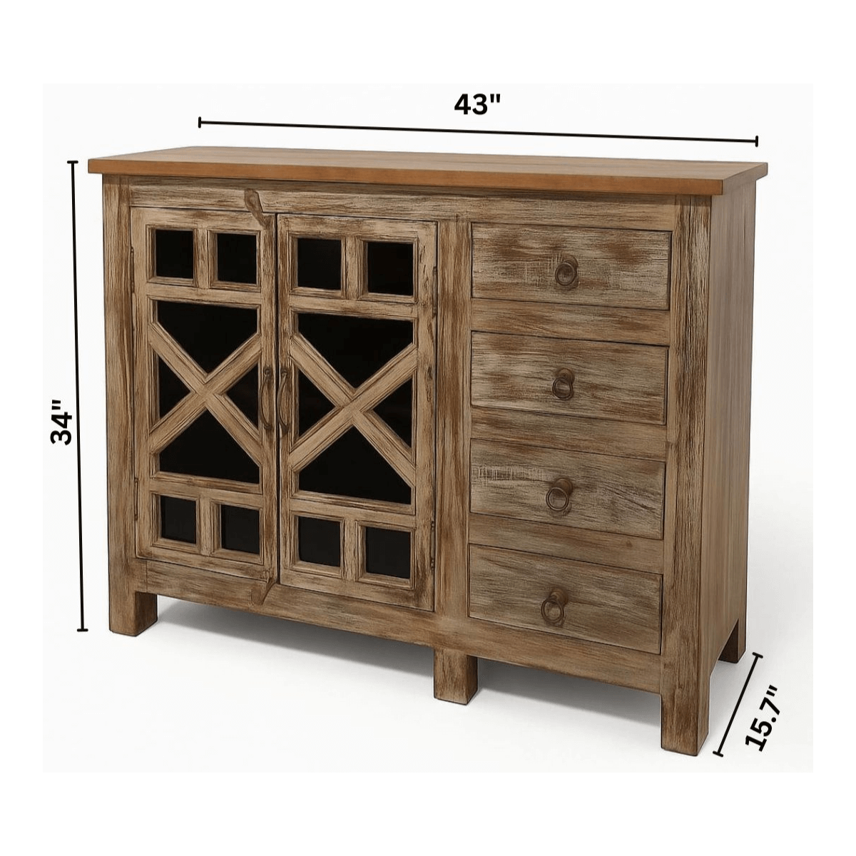 Rustic Teak Wood Compact Glass Door Storage Cabinet with 4 Drawers