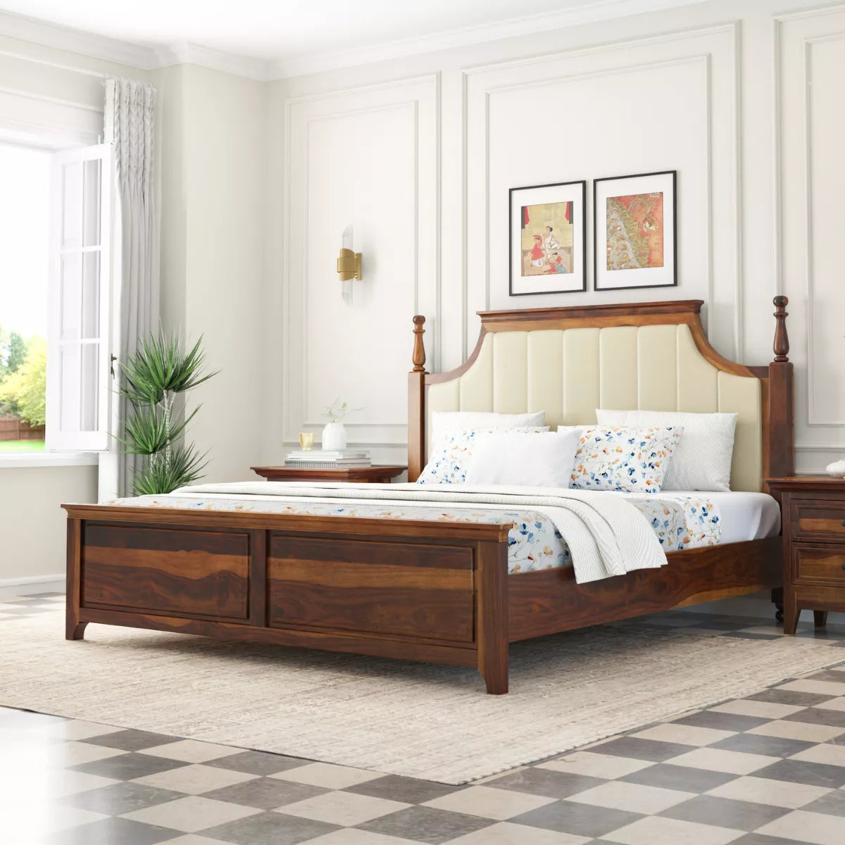 Ruvin Royal Sheesham Wood Luxury Bed with Upholstered Headboard