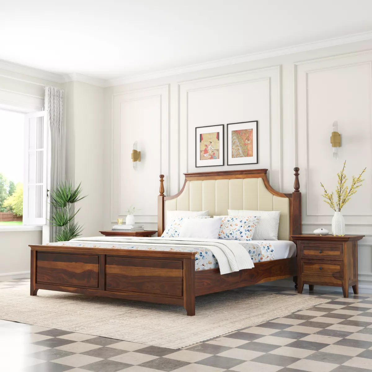 Ruvin Royal Sheesham Wood Luxury Bed with Upholstered Headboard