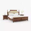 Wooden bed with upholstered headboard and nightstands on a white background