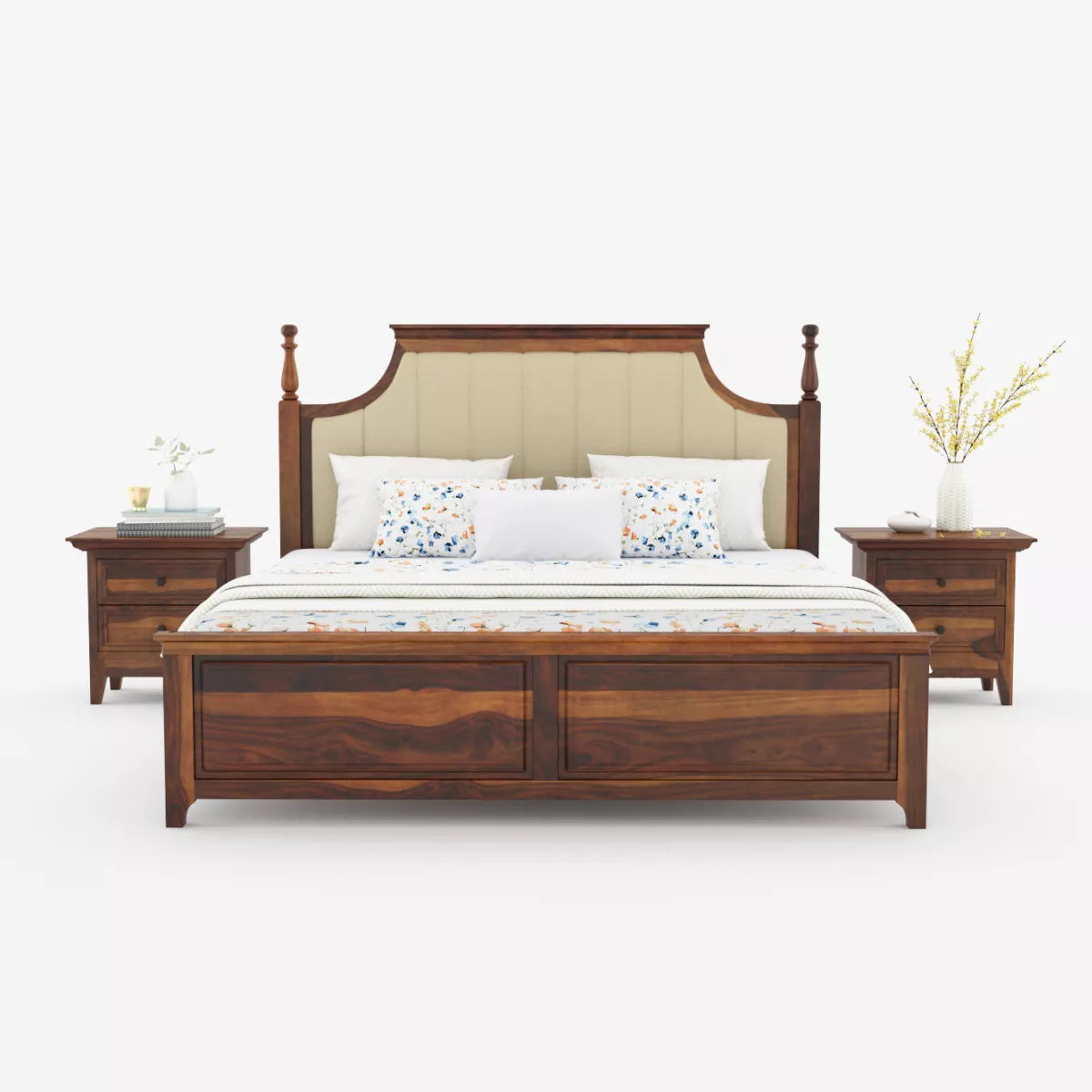 Wooden bed with upholstered headboard and two matching nightstands on a white background