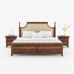 Wooden bed with upholstered headboard and two matching nightstands on a white background