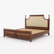 Wooden bed with beige upholstered headboard on a white background