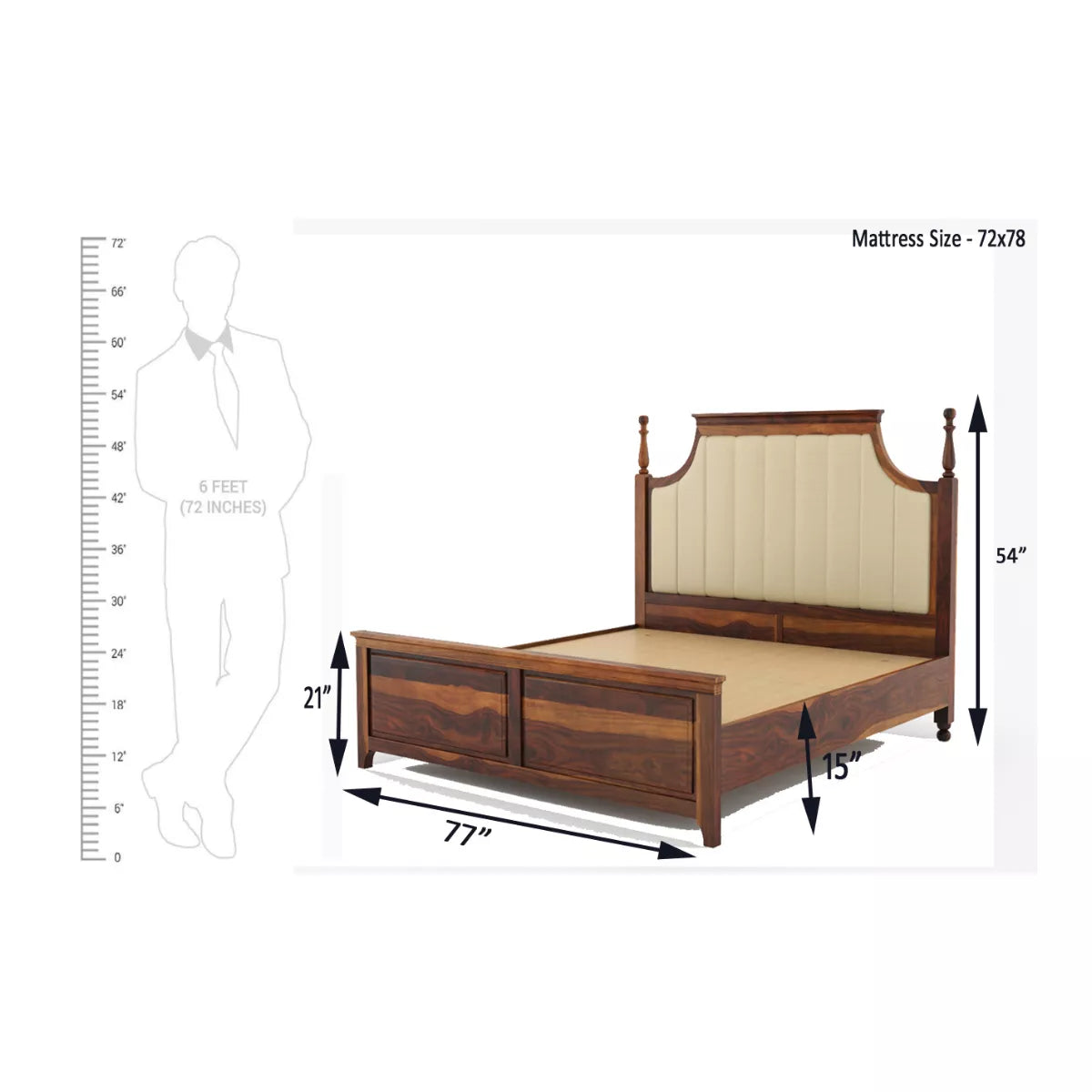 Ruvin Royal Sheesham Wood Luxury Bed with Upholstered Headboard