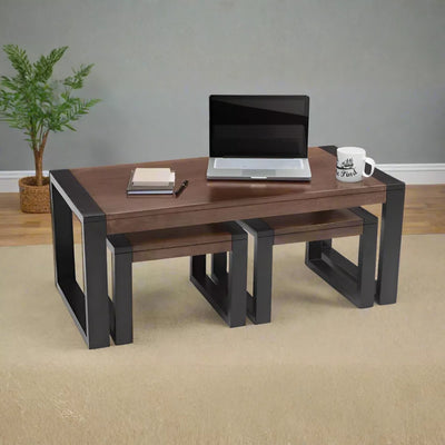 Silva Sheesham Wood 3-Piece Coffee Table Set with 2 Matching Stools