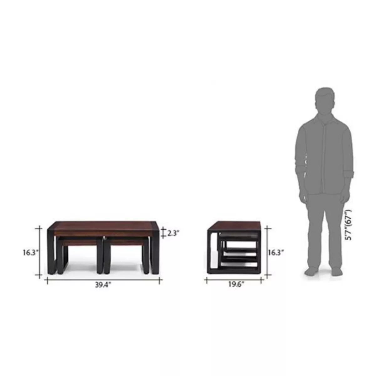 Silva Sheesham Wood 3-Piece Coffee Table Set with 2 Matching Stools