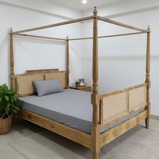 Solid Wood Boho Style Luxury Canopy Bed with Cane Headboard - Induscraft