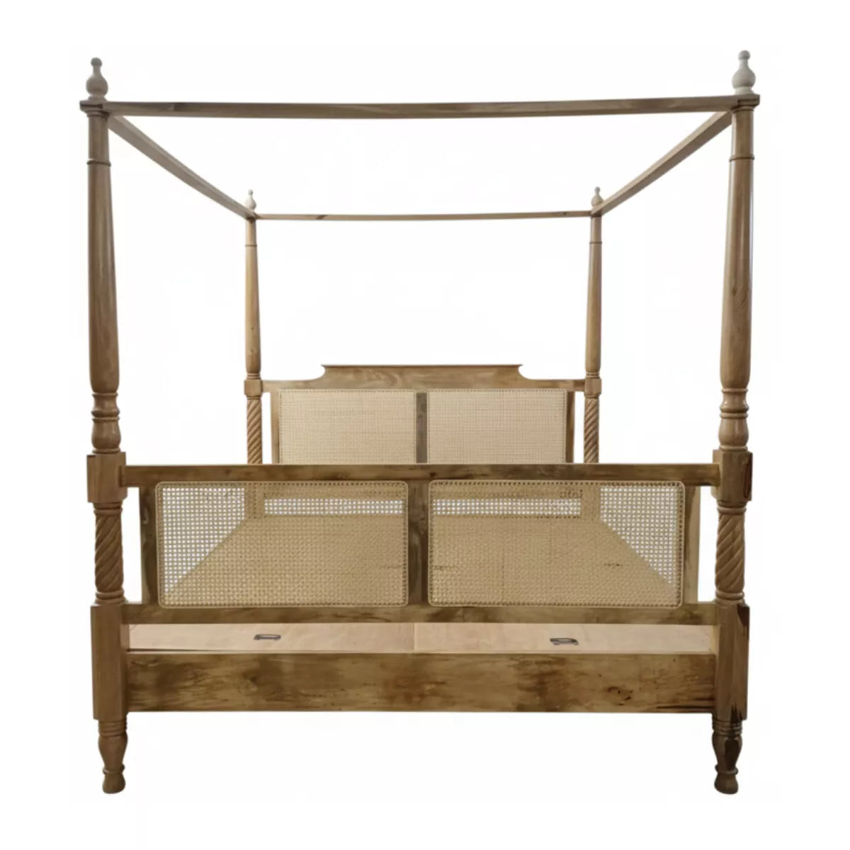 Solid Wood Boho Style Luxury Canopy Bed with Cane Headboard - Induscraft