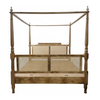 Solid Wood Boho Style Luxury Canopy Bed with Cane Headboard