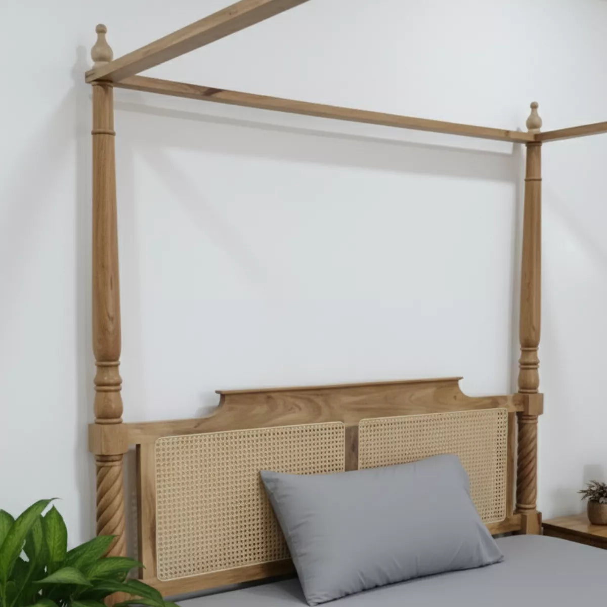 Solid Wood Boho Style Luxury Canopy Bed with Cane Headboard