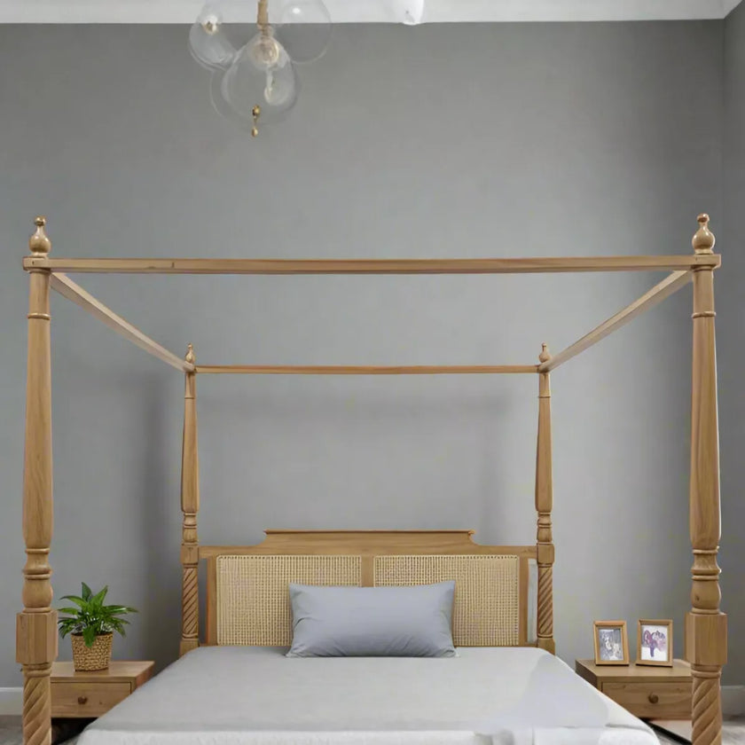 Solid Wood Boho Style Luxury Canopy Bed with Cane Headboard - Induscraft