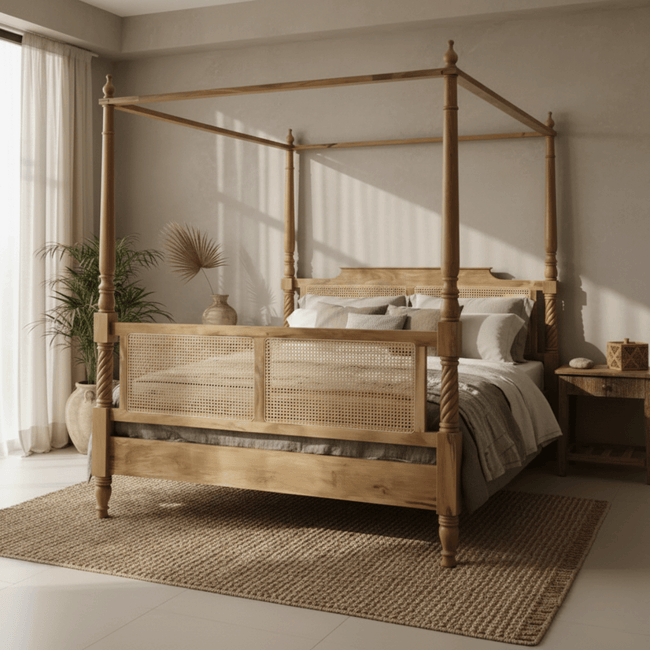 Solid Wood Boho Style Luxury Canopy Bed with Cane Headboard