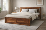 Wooden bed with slatted headboard in a bedroom setting with neutral decor