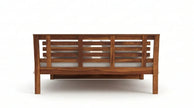 Solid Wood Bed Frame with Slatted Headboard in a White Background, Back View