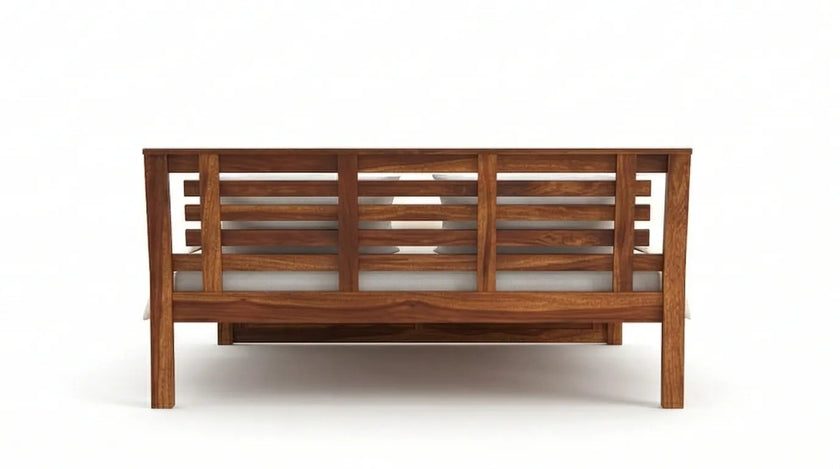 Solid Wood Bed Frame with Slatted Headboard in a White Background, Back View