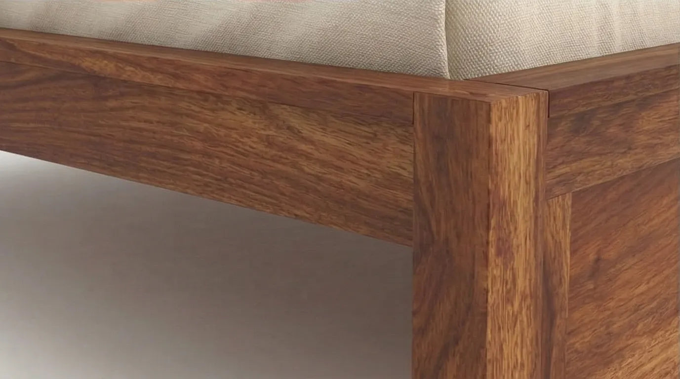 Solid Wood Bed Frame with Slatted Headboard in a White Background, Closeup View of Footboard