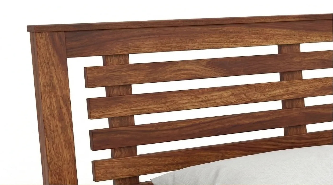 Solid Wood Bed Frame with Slatted Headboard in a White Background, Closeup View of Headboard