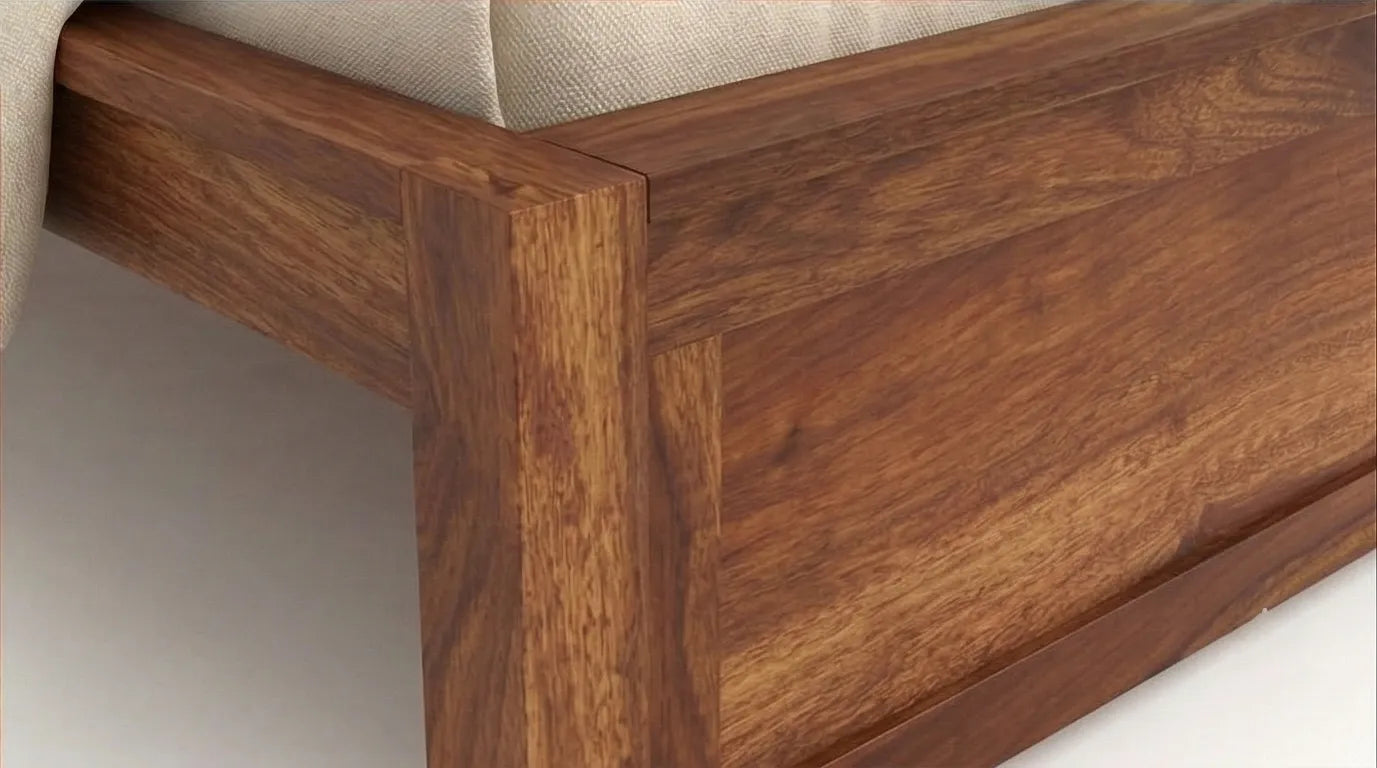 Solid Wood Bed Frame with Slatted Headboard in a White Background, Detailed View of Footboard