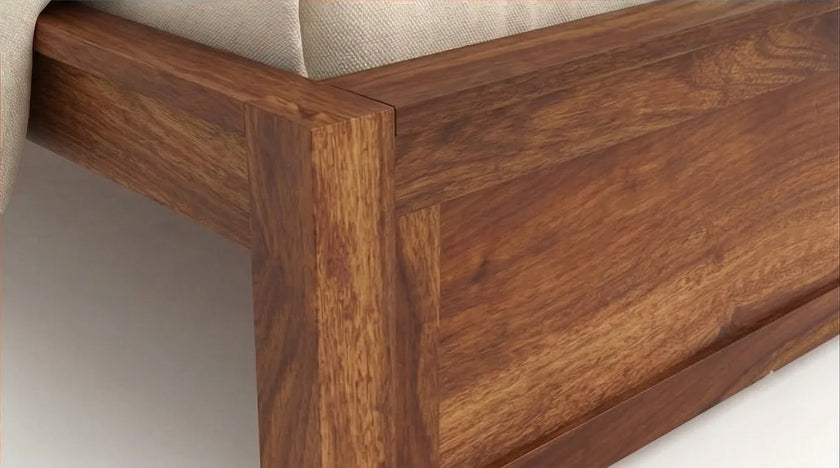 Solid Wood Bed Frame with Slatted Headboard in a White Background, Detailed View of Footboard