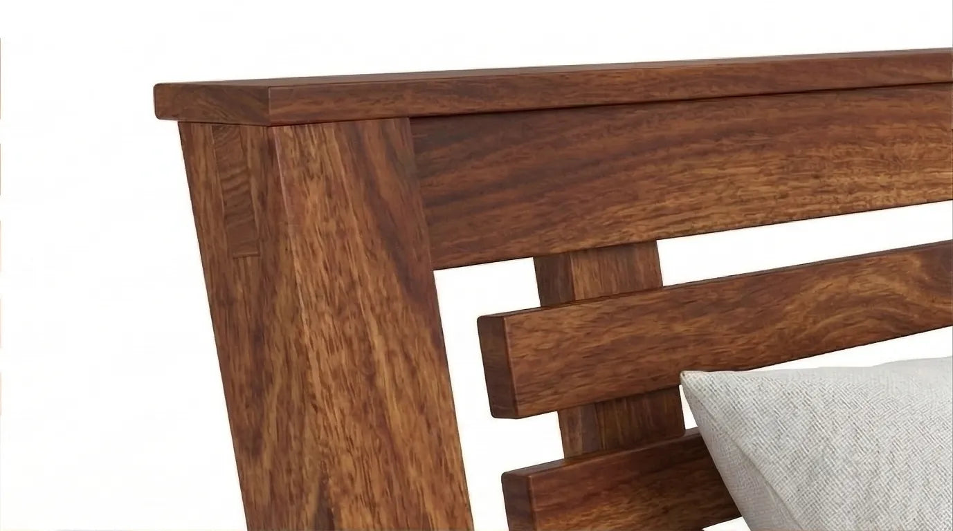 Solid Wood Bed Frame with Slatted Headboard in a White Background, Detailed View of Headboard