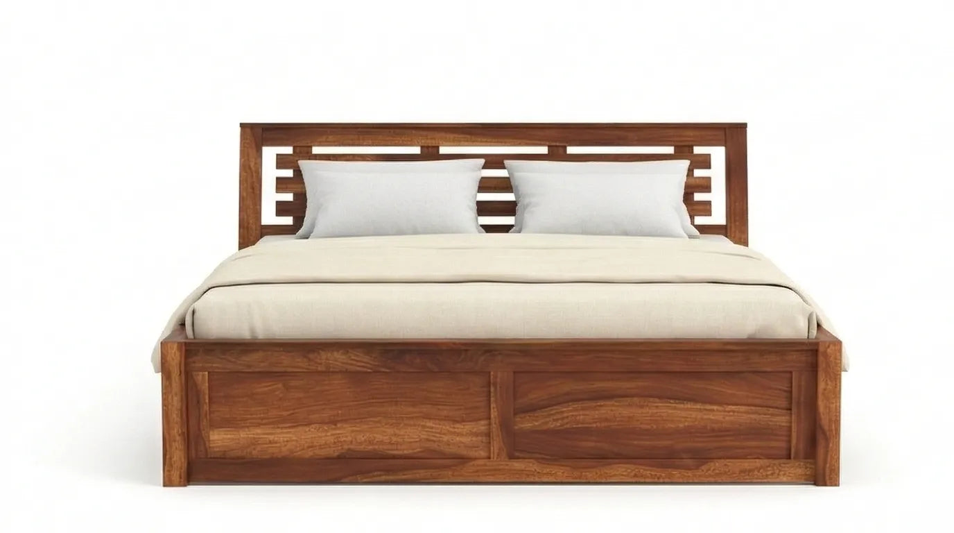 solid wood bed frame with white bedding on a white background