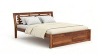 Solid Wood Bed Frame with Slatted Headboard in a White Background, Isometric View