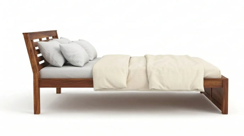 Solid Wood Bed Frame with Slatted Headboard in a White Background, Side View