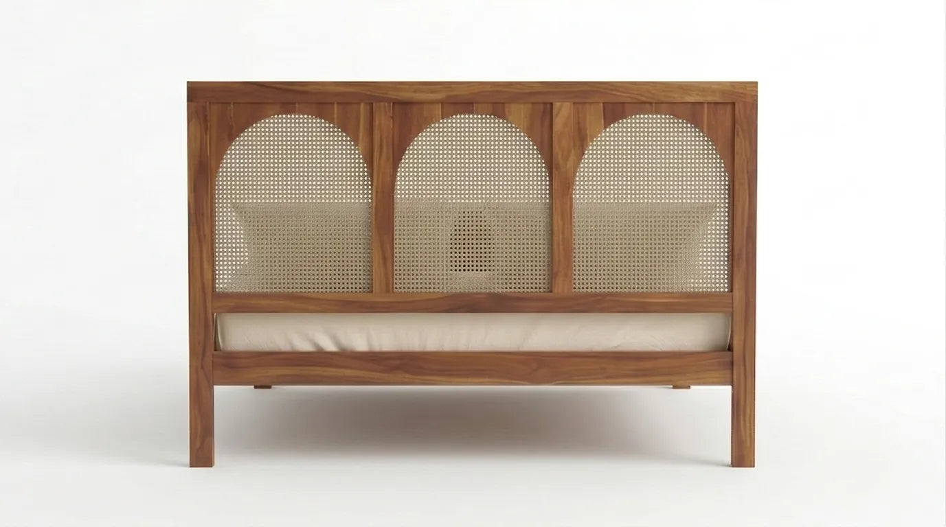 Solid Wood Bed Frame with Triple Arch Rattan Headboard, White Background, Back View