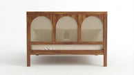 Solid Wood Bed Frame with Triple Arch Rattan Headboard, White Background, Back View