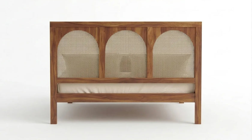 Solid Wood Bed Frame with Triple Arch Rattan Headboard, White Background, Back View