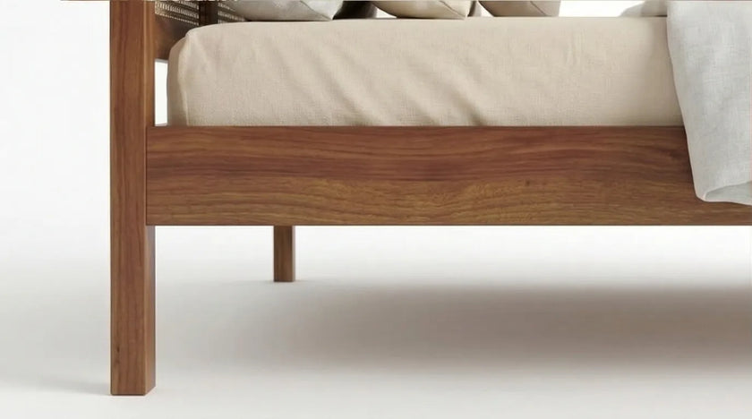 Solid Wood Bed Frame with Triple Arch Rattan Headboard, White Background, Closeup View of Side Panel