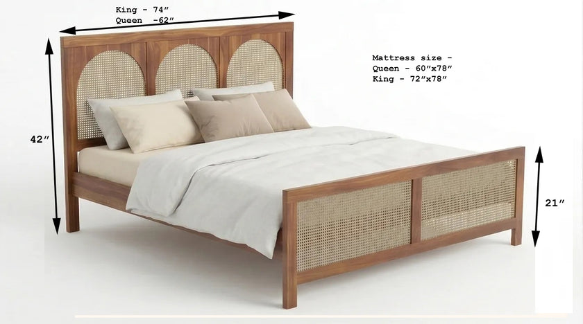 Wooden bed frame with dimensions on a white background
