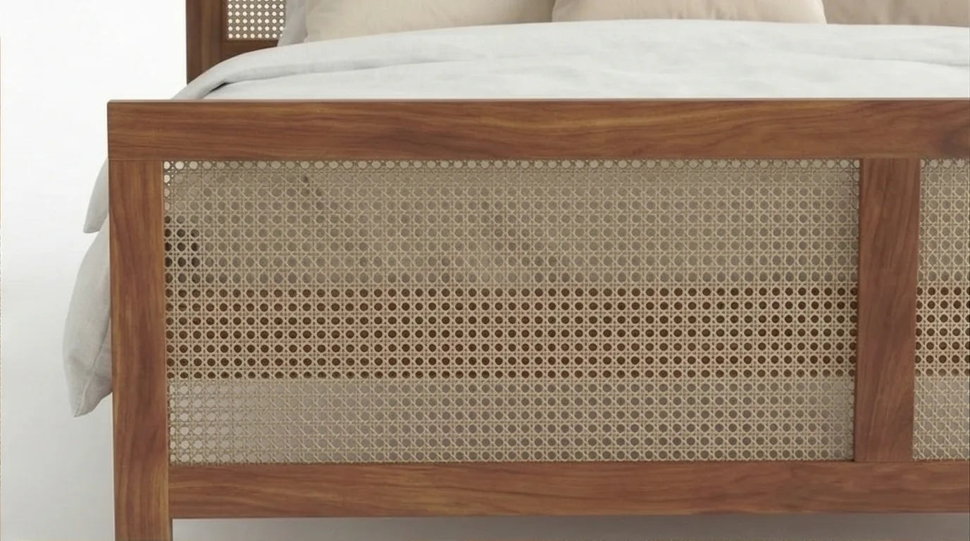 Solid Wood Bed Frame with Triple Arch Rattan Headboard, White Background, Footboard Closeup View