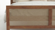 Solid Wood Bed Frame with Triple Arch Rattan Headboard, White Background, Footboard Closeup View
