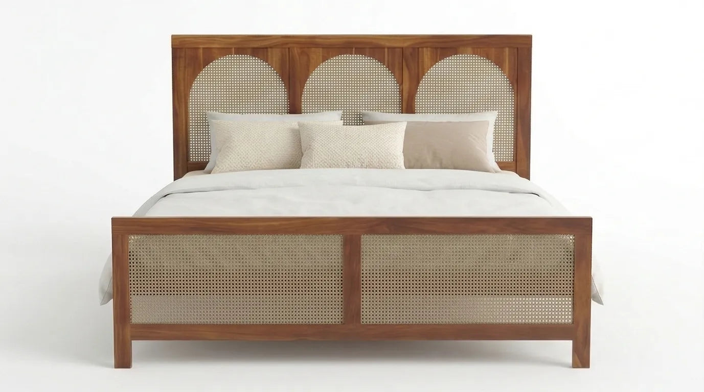 Solid Wood Bed Frame with Triple Arch Rattan Headboard, White Background, Front View.
