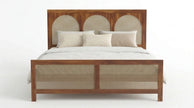 Solid Wood Bed Frame with Triple Arch Rattan Headboard, White Background, Front View.