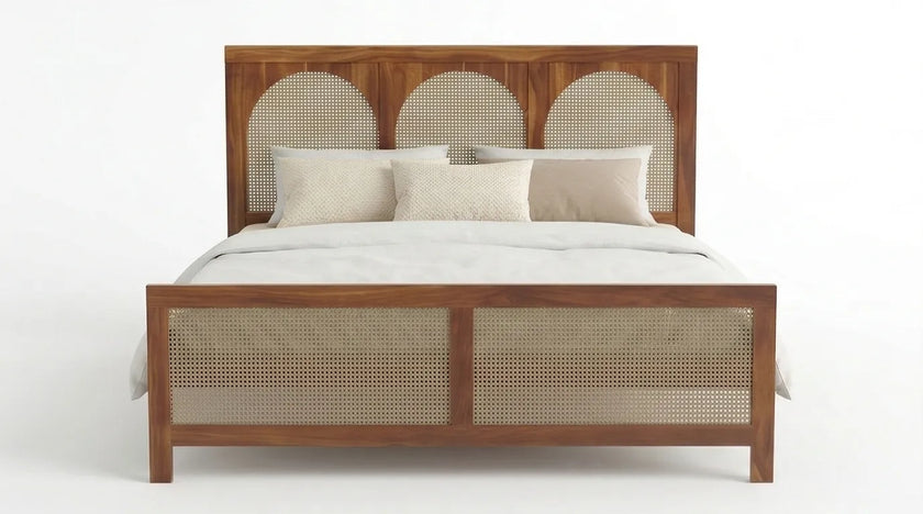 Solid Wood Bed Frame with Triple Arch Rattan Headboard, White Background, Front View.