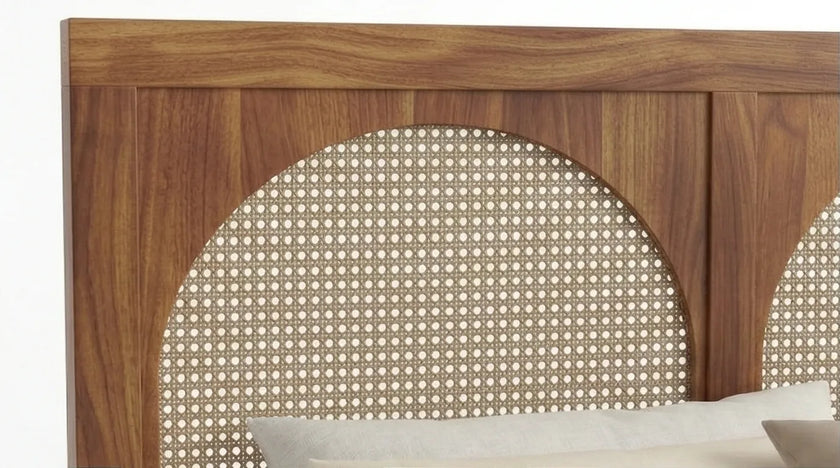 Solid Wood Bed Frame with Triple Arch Rattan Headboard, White Background, Headboard Closeup View