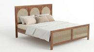 Solid Wood Bed Frame with Triple Arch Rattan Headboard, White Background, Isometric View